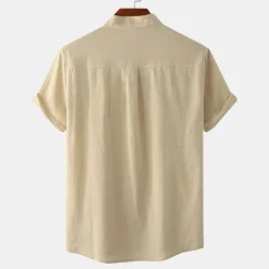 Outlet OUKU Men's Linen Shirt Summer Shirt Beach Shirt Black White Brown Short Sleeve Plain Standing Collar Summer Casual Holiday Clothing Apparel