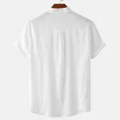 Outlet OUKU Men's Linen Shirt Summer Shirt Beach Shirt Black White Brown Short Sleeve Plain Standing Collar Summer Casual Holiday Clothing Apparel