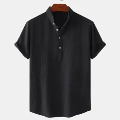Outlet OUKU Men's Linen Shirt Summer Shirt Beach Shirt Black White Brown Short Sleeve Plain Standing Collar Summer Casual Holiday Clothing Apparel