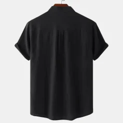 Outlet OUKU Men's Linen Shirt Summer Shirt Beach Shirt Black White Brown Short Sleeve Plain Standing Collar Summer Casual Holiday Clothing Apparel