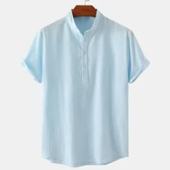 Outlet OUKU Men's Linen Shirt Summer Shirt Beach Shirt Black White Brown Short Sleeve Plain Standing Collar Summer Casual Holiday Clothing Apparel
