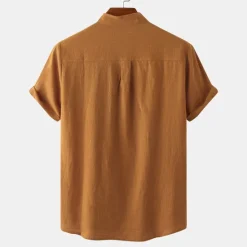 Outlet OUKU Men's Linen Shirt Summer Shirt Beach Shirt Black White Brown Short Sleeve Plain Standing Collar Summer Casual Holiday Clothing Apparel