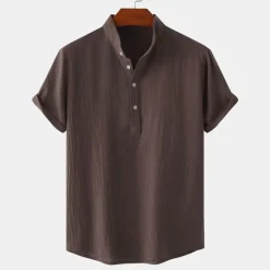 Outlet OUKU Men's Linen Shirt Summer Shirt Beach Shirt Black White Brown Short Sleeve Plain Standing Collar Summer Casual Holiday Clothing Apparel