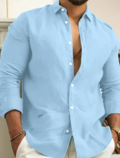 Clearance OUKU Men's Linen Shirt Summer Shirt Casual Shirt Beach Shirt Button Up Shirt Plain Casual Daily Black White Pink Navy Blue Long Sleeve Lapel Spring & Summer Clothing Apparel
