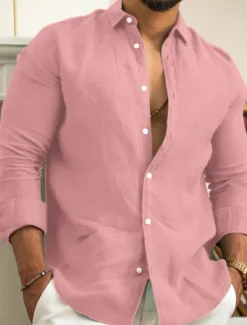 Clearance OUKU Men's Linen Shirt Summer Shirt Casual Shirt Beach Shirt Button Up Shirt Plain Casual Daily Black White Pink Navy Blue Long Sleeve Lapel Spring & Summer Clothing Apparel
