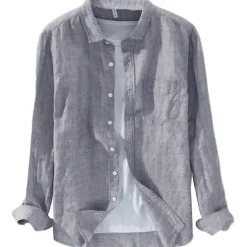 Sale OUKU Men's Linen Shirt Summer Shirt Beach Shirt White Red Blue Long Sleeve Plain Turndown Spring & Summer Casual Daily Clothing Apparel Front Pocket