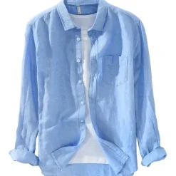 Sale OUKU Men's Linen Shirt Summer Shirt Beach Shirt White Red Blue Long Sleeve Plain Turndown Spring & Summer Casual Daily Clothing Apparel Front Pocket