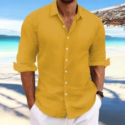 Online OUKU Men's Linen Shirt Summer Shirt Beach Wear Casual Shirt Button Up Shirt Plain Casual Daily Light Yellow White Pink Dark Navy Long Sleeve Spring & Summer Clothing Apparel