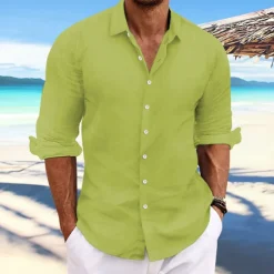 Online OUKU Men's Linen Shirt Summer Shirt Beach Wear Casual Shirt Button Up Shirt Plain Casual Daily Light Yellow White Pink Dark Navy Long Sleeve Spring & Summer Clothing Apparel