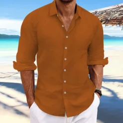 Online OUKU Men's Linen Shirt Summer Shirt Beach Wear Casual Shirt Button Up Shirt Plain Casual Daily Light Yellow White Pink Dark Navy Long Sleeve Spring & Summer Clothing Apparel