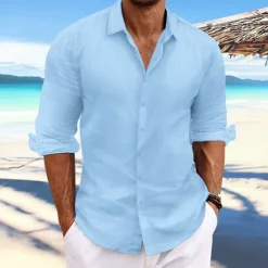 Online OUKU Men's Linen Shirt Summer Shirt Beach Wear Casual Shirt Button Up Shirt Plain Casual Daily Light Yellow White Pink Dark Navy Long Sleeve Spring & Summer Clothing Apparel