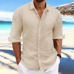 Online OUKU Men's Linen Shirt Summer Shirt Beach Wear Casual Shirt Button Up Shirt Plain Casual Daily Light Yellow White Pink Dark Navy Long Sleeve Spring & Summer Clothing Apparel