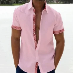 Sale OUKU Men's Linen Shirt Summer Shirt Beach Shirt Black White Pink Short Sleeve Plain Lapel Spring & Summer Hawaiian Holiday Clothing Apparel Pocket