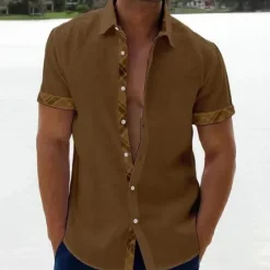 Sale OUKU Men's Linen Shirt Summer Shirt Beach Shirt Black White Pink Short Sleeve Plain Lapel Spring & Summer Hawaiian Holiday Clothing Apparel Pocket