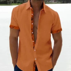 Sale OUKU Men's Linen Shirt Summer Shirt Beach Shirt Black White Pink Short Sleeve Plain Lapel Spring & Summer Hawaiian Holiday Clothing Apparel Pocket