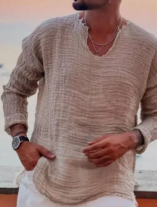 OUKU Men's Linen Shirt Summer Shirt Beach Wear Casual Shirt Plain Vacation Curise White Blue Brown Khaki Long Sleeve V Neck Spring & Summer Clothing Apparel