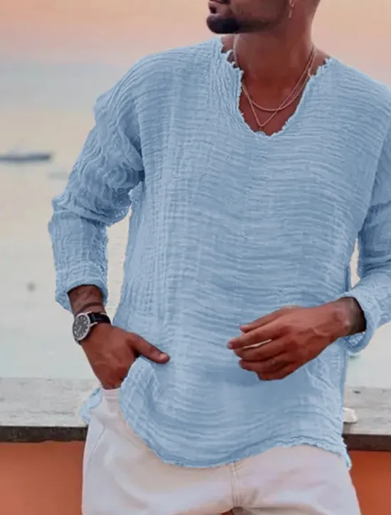 OUKU Men's Linen Shirt Summer Shirt Beach Wear Casual Shirt Plain Vacation Curise White Blue Brown Khaki Long Sleeve V Neck Spring & Summer Clothing Apparel