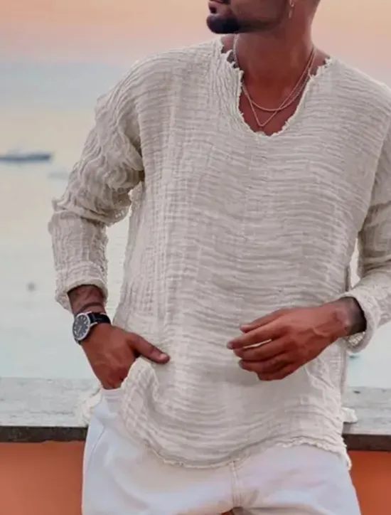 OUKU Men's Linen Shirt Summer Shirt Beach Wear Casual Shirt Plain Vacation Curise White Blue Brown Khaki Long Sleeve V Neck Spring & Summer Clothing Apparel