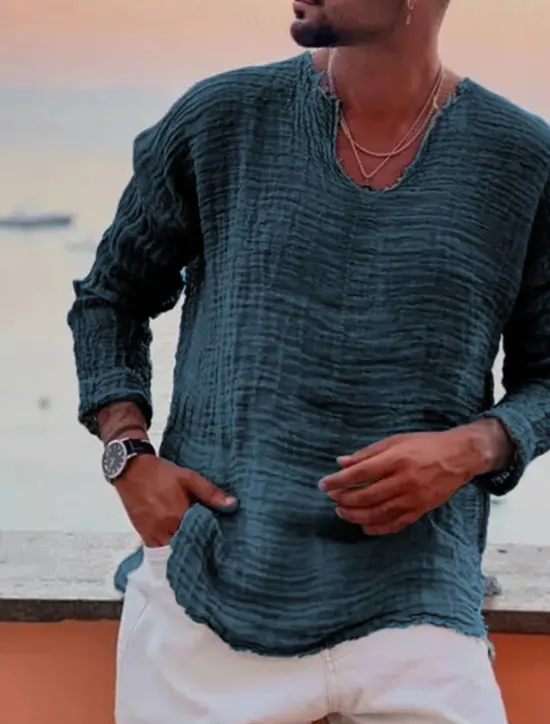 OUKU Men's Linen Shirt Summer Shirt Beach Wear Casual Shirt Plain Vacation Curise White Blue Brown Khaki Long Sleeve V Neck Spring & Summer Clothing Apparel