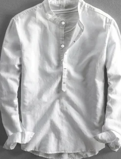 Clearance OUKU Men's Linen Shirt Summer Shirt Casual Shirt Henley Shirt Plain Casual Daily Black White Yellow Pink Long Sleeve Collar Spring & Summer Clothing Apparel