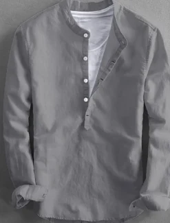 Clearance OUKU Men's Linen Shirt Summer Shirt Casual Shirt Henley Shirt Plain Casual Daily Black White Yellow Pink Long Sleeve Collar Spring & Summer Clothing Apparel
