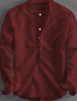 Clearance OUKU Men's Linen Shirt Summer Shirt Casual Shirt Henley Shirt Plain Casual Daily Black White Yellow Pink Long Sleeve Collar Spring & Summer Clothing Apparel