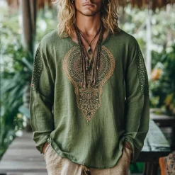 New OUKU Men's Linen Shirt Summer Shirt Vintage Shirt Ethnic Shirt Long Sleeve Shirt Boho Vacation Street Long Sleeve V Neck Summer Spring Clothing Apparel Ethnic Green