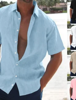 New OUKU Men's Linen Shirt Summer Shirt Beach Shirt Solid Color Hawaiian Holiday Black White Pink Blue Short Sleeve Turndown Summer Clothing Apparel Button-Down