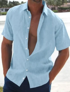 New OUKU Men's Linen Shirt Summer Shirt Beach Shirt Solid Color Hawaiian Holiday Black White Pink Blue Short Sleeve Turndown Summer Clothing Apparel Button-Down