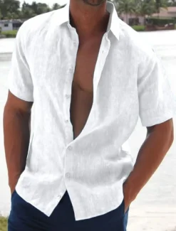 New OUKU Men's Linen Shirt Summer Shirt Beach Shirt Solid Color Hawaiian Holiday Black White Pink Blue Short Sleeve Turndown Summer Clothing Apparel Button-Down