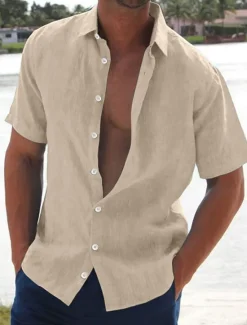 New OUKU Men's Linen Shirt Summer Shirt Beach Shirt Solid Color Hawaiian Holiday Black White Pink Blue Short Sleeve Turndown Summer Clothing Apparel Button-Down