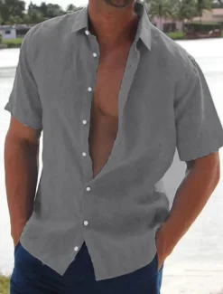 New OUKU Men's Linen Shirt Summer Shirt Beach Shirt Solid Color Hawaiian Holiday Black White Pink Blue Short Sleeve Turndown Summer Clothing Apparel Button-Down