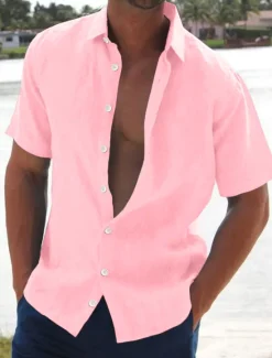 New OUKU Men's Linen Shirt Summer Shirt Beach Shirt Solid Color Hawaiian Holiday Black White Pink Blue Short Sleeve Turndown Summer Clothing Apparel Button-Down