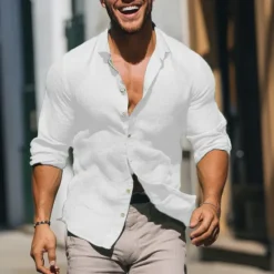 Hot OUKU Men's Linen Shirt Summer Shirt Beach Wear Casual Shirt Button Up Shirt Plain Vacation Casual Black White Pink Green Long Sleeve Lapel Spring & Summer Clothing Apparel