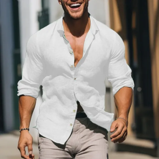 Hot OUKU Men's Linen Shirt Summer Shirt Beach Wear Casual Shirt Button Up Shirt Plain Vacation Casual Black White Pink Green Long Sleeve Lapel Spring & Summer Clothing Apparel