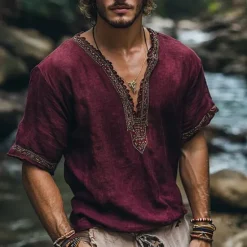 Discount OUKU Men's Linen Shirt Summer Shirt Vintage Shirt Short Sleeve Shirt Ethnic Shirt Patchwork Vacation Street Short Sleeve V Neck Summer Clothing Apparel Ethnic Fuchsia