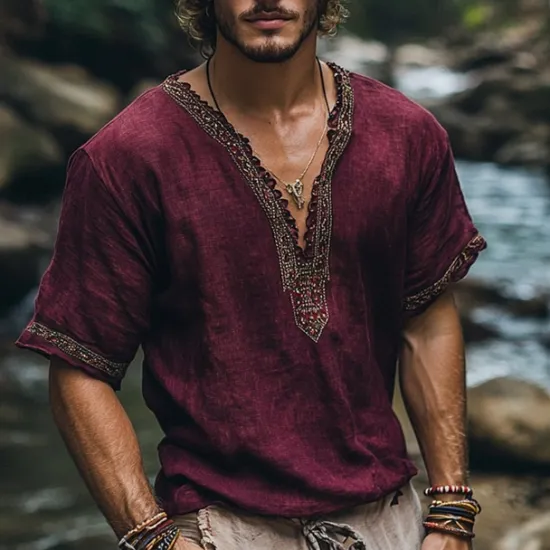 Discount OUKU Men's Linen Shirt Summer Shirt Vintage Shirt Short Sleeve Shirt Ethnic Shirt Patchwork Vacation Street Short Sleeve V Neck Summer Clothing Apparel Ethnic Fuchsia