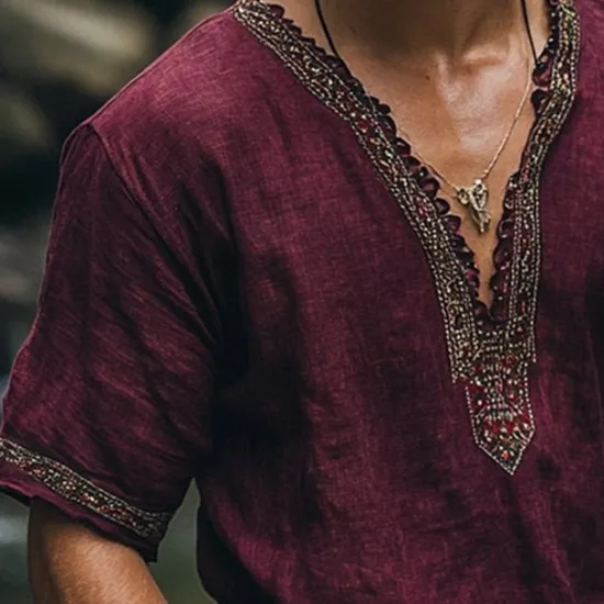 Discount OUKU Men's Linen Shirt Summer Shirt Vintage Shirt Short Sleeve Shirt Ethnic Shirt Patchwork Vacation Street Short Sleeve V Neck Summer Clothing Apparel Ethnic Fuchsia