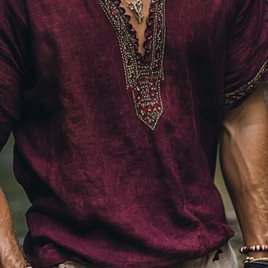 Discount OUKU Men's Linen Shirt Summer Shirt Vintage Shirt Short Sleeve Shirt Ethnic Shirt Patchwork Vacation Street Short Sleeve V Neck Summer Clothing Apparel Ethnic Fuchsia