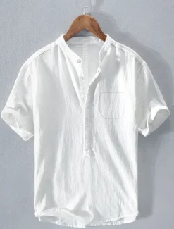 Outlet OUKU Men's Linen Shirt Summer Shirt Beach Shirt Plain Casual Daily White Royal Blue Blue Gray Short Sleeve Stand Collar Summer Clothing Apparel