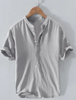 Outlet OUKU Men's Linen Shirt Summer Shirt Beach Shirt Plain Casual Daily White Royal Blue Blue Gray Short Sleeve Stand Collar Summer Clothing Apparel