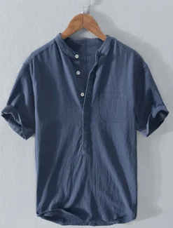 Outlet OUKU Men's Linen Shirt Summer Shirt Beach Shirt Plain Casual Daily White Royal Blue Blue Gray Short Sleeve Stand Collar Summer Clothing Apparel