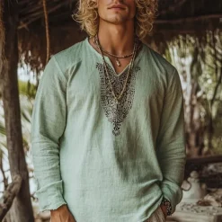 Outlet OUKU Men's Linen Shirt Summer Shirt Vintage Shirt Ethnic Shirt Long Sleeve Shirt Boho Vacation Street Long Sleeve V Neck Summer Spring Clothing Apparel Ethnic Green
