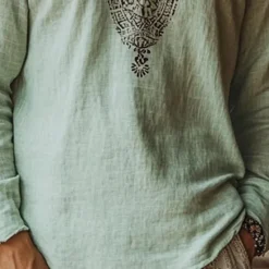 Outlet OUKU Men's Linen Shirt Summer Shirt Vintage Shirt Ethnic Shirt Long Sleeve Shirt Boho Vacation Street Long Sleeve V Neck Summer Spring Clothing Apparel Ethnic Green