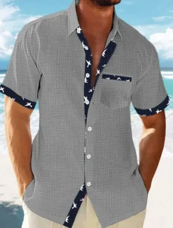 Outlet OUKU Men's Linen Shirt Summer Shirt Beach Wear Button Up Shirt Striped Vacation Curise White Blue Green Khaki Short Sleeve Lapel Spring & Summer Clothing Apparel Basic