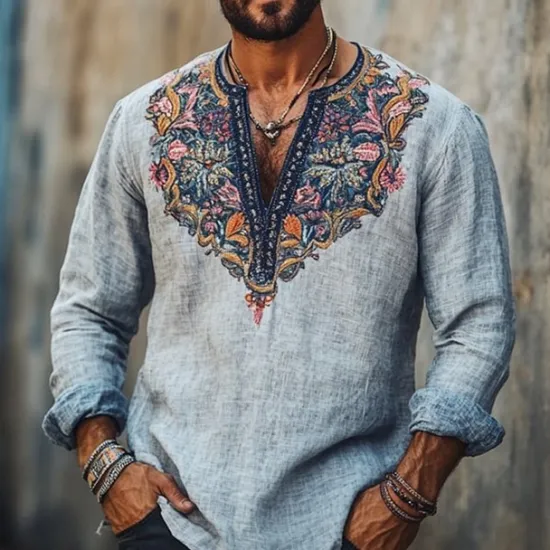 OUKU Men's Linen Shirt Summer Shirt Vintage Shirt Ethnic Shirt Long Sleeve Shirt Embroidered Vacation Street Long Sleeve V Neck Summer Spring Clothing Apparel Medieval Knight Blue