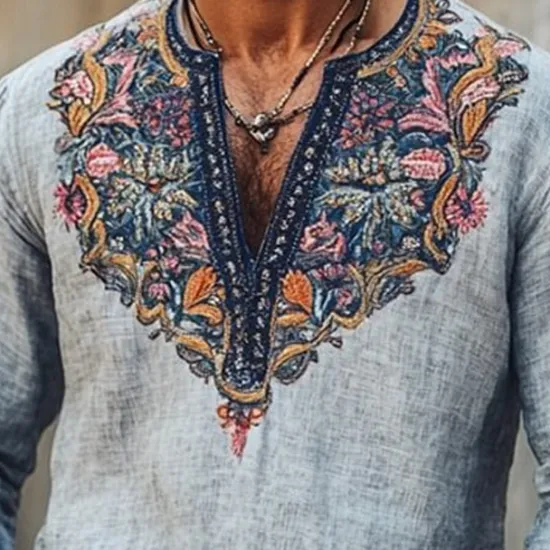 OUKU Men's Linen Shirt Summer Shirt Vintage Shirt Ethnic Shirt Long Sleeve Shirt Embroidered Vacation Street Long Sleeve V Neck Summer Spring Clothing Apparel Medieval Knight Blue