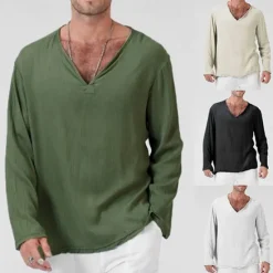New OUKU Men's Linen Shirt T Shirt Tee Long Sleeve Shirt Long Sleeve V Neck Summer Spring & Fall Striped Vintage Fashion V Neck Work Office / Career Casual Black White Green Top Tee for Men