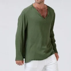 New OUKU Men's Linen Shirt T Shirt Tee Long Sleeve Shirt Long Sleeve V Neck Summer Spring & Fall Striped Vintage Fashion V Neck Work Office / Career Casual Black White Green Top Tee for Men