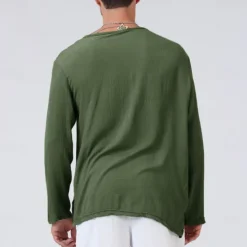 New OUKU Men's Linen Shirt T Shirt Tee Long Sleeve Shirt Long Sleeve V Neck Summer Spring & Fall Striped Vintage Fashion V Neck Work Office / Career Casual Black White Green Top Tee for Men
